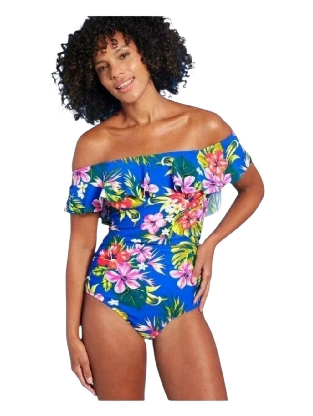 Kona Sol Womens Blue Tropical Floral Print Ruffled One Piece Swimsuit 14W